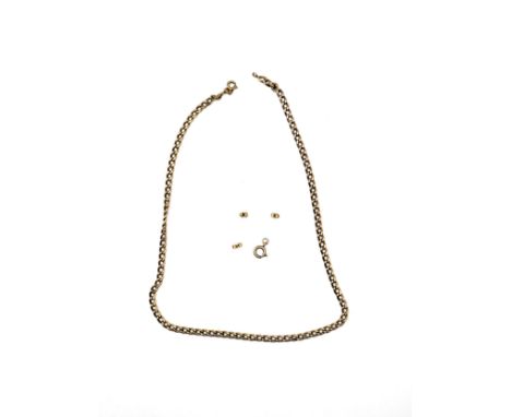 A 9ct yellow gold rounded curb link chain 46cm, a 9ct yellow jump ring and bolt ring clasp with four 9ct yellow earring backs