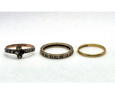 A 9ct yellow gold and silver ring set with paste (one stone missing) size O 1.7gms, a 9ct yellow gold full eternity ring set 