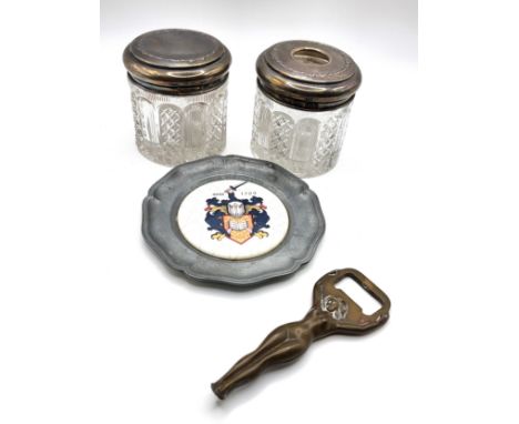 Two cut glass silver lidded vanity jars Henry Williamson Ltd Birmingham 1916 7cm x 6.5cm, a pewter plate with a heraldic cent