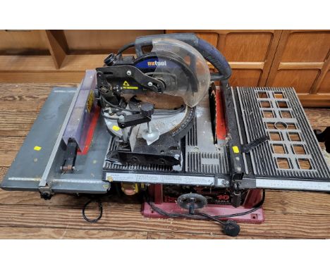 A Power Devil table saw 10", a Nutool power mitre saw, and a 200mm power bench saw.