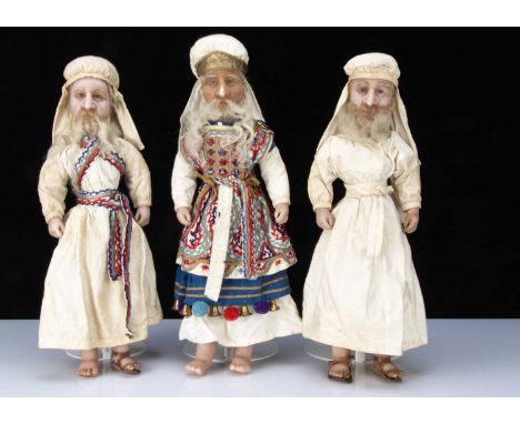 Three very rare English poured wax Aaronic Kohen (Jewish) dolls circa 1900,  comprising Kohen Gadol (High Priest), Kohen (Pri