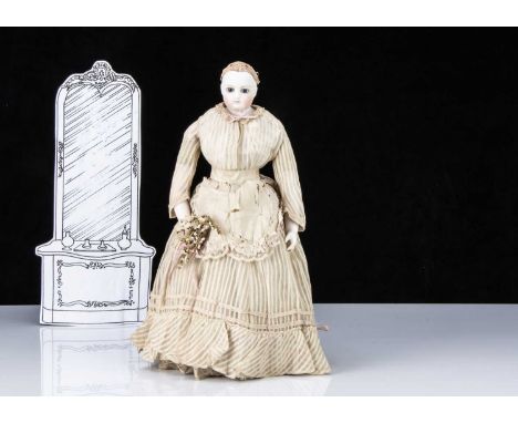 A French pressed bisque shoulder-head fashionable doll, possibly Barrois with fixed blue striated glass eyes, black eyeliner 