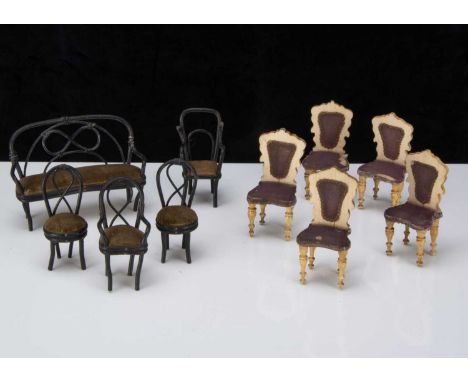 Five German late 19th century blonde wood chairs,  with purple silk upholstery and Dresden paper trim —4in. (10.5cm.) high (o