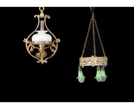 Two German soft-metal light fittings,  a gilt metal circular frame with green glass shades, clear bulbs and hanging on chains