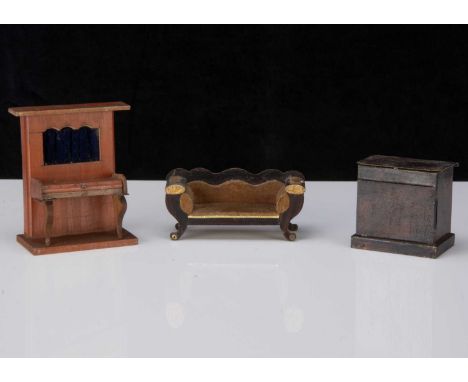 Three early pieces of dolls’ house furniture,  a wooden wallclimber piano with velvet curtain and lifting lid —4in. (10cm.) h