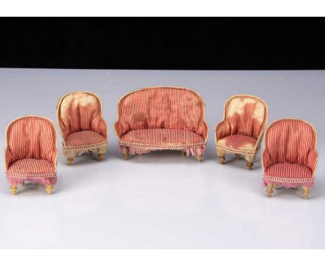 German for the French market dolls’ house sofa and four chairs, upholstered in red and white stripe, fringing, cardboard back