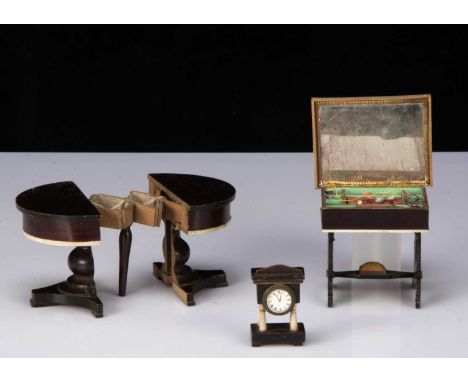 Three Waltershausen-type dolls’ house pieces, a sewing work table with hinged mirror lid and lyre legs and with some sewing c