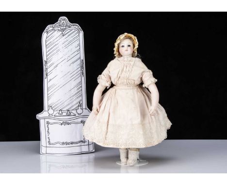 A Leontine Rohmer pressed bisque swivel head fashionable doll with body stamp and a fixed seating system,   with fixed deep b