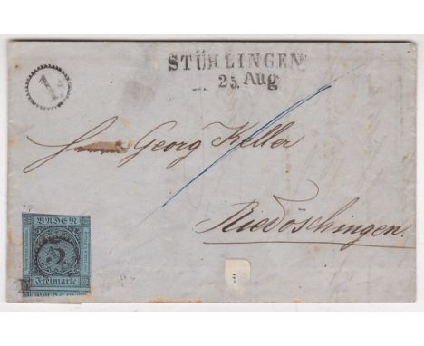 Germany (Baden) 1859 EL with 3k on blue (SG10), SL Stuhlingen/ 25 Aug, stamp fault corner left