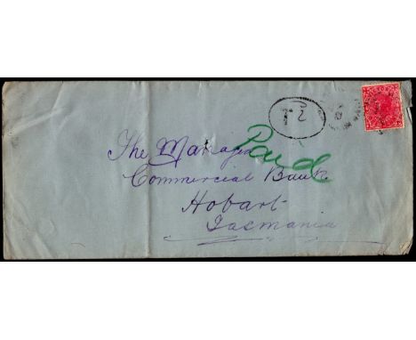Australia (Victoria) - 1907  Cover to Hobart, SG385.  Has T & 2d in Manuscript all in Black oval.