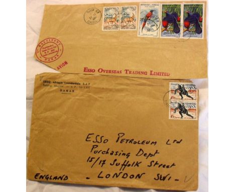 Senegal  1964 Esso Dakar Env to Esso London and 1964 large piece Dakar Exploration B.P.899 cachet with 50Fr and 200Fr Bird is