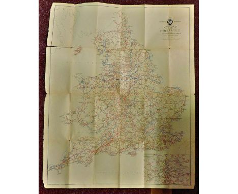 Vintage AA Map of England & Wales 1950's-60's  With some routes marked in blue crayon.