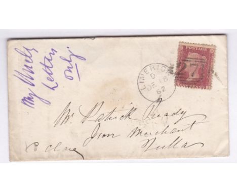 Ireland 1862 -Cover Limerick-Co Clare, with 1d verse-red(SG40) with 271 cancel in a diamond and Limerick single ring cancel a