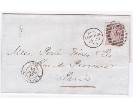 London 1876-Wrapper London-Paris with London District post cancel(16) for Chigwell, Victoria Street on QV 2.1/2d,(SG41) and d