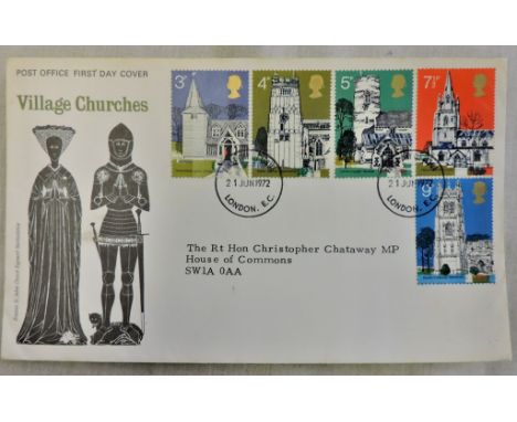 Great Britain 1972 (Jun 21) Churches PO FDC to Postmaster General, Rt'Hon. Christopher Chataway MP, a bit grubby but a nice '