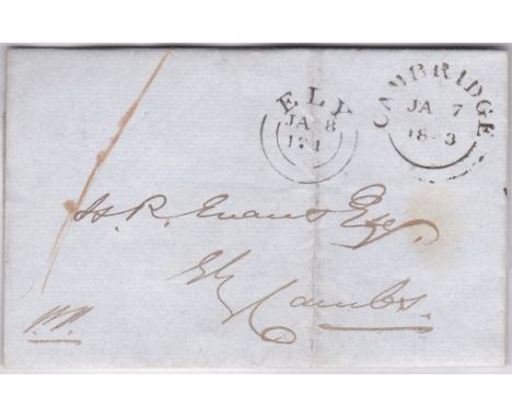 Cambs 1843 EL-from Cambridge to Ely with fine double ring cancels for both, M/S, one in red on obverse, XXXX