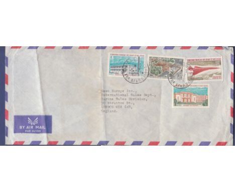 French Territory of the Afars and Issas 1970 Airmail envelope to Esso London with Concorde, SG594 (Cat £42) and 1 Franc (SG52