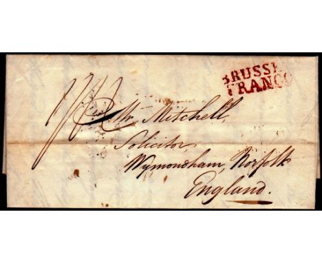 Great Britain - Belgium/Norfolk 1824 (6 Jan) EL  Brussels to Wymondham.  Brownish-Red Brussels(s)/Franc(o) at top right.  Fin