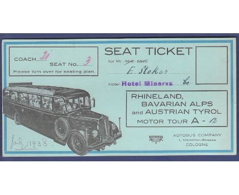 Autobus 1938 Seat Ticket Rhineland Alps and Austrian Tyrol Motor Tour by Autobus Company Cologne