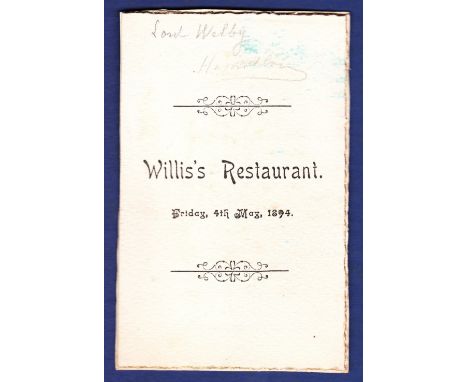 Menu - 1894 (4 May) Willis's Restaurant  Printed Menu, Edouard.  m/s Lord Welby.