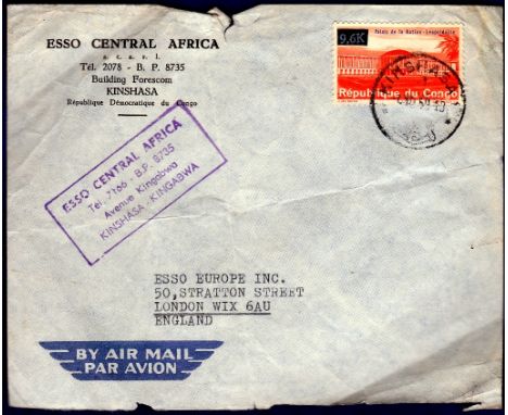 Congo (Kinshasa)  1969 Airmail Env  Esso Central Africa/Kinshasa to Esso London with 9.6K opr on 100fr (SG553).  Small edge d