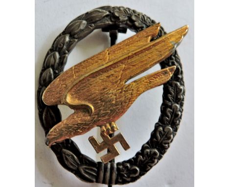 German WWII Army Parachutist's Badge, makers mark: C.E. Junker, Berlin. Silver stamped 800. See T&C's