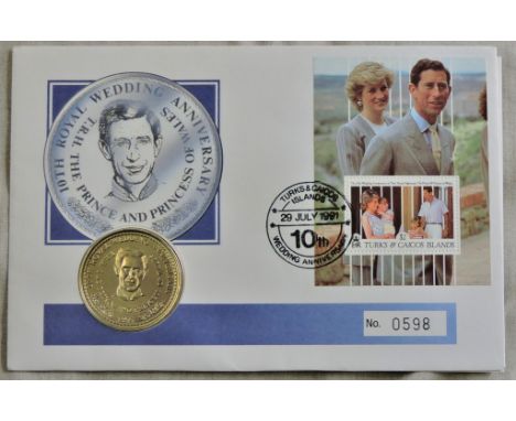 Turks and Caicos Islands P&N 1991 Royal Wedding Prince and Princess of Wales 10th Wedding Anniversary Crown Coin and Stamp Fi