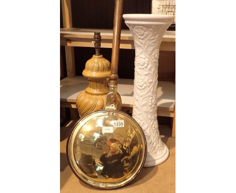 White ceramic jardiniere stand, lamp and bed warmer. Not available for in-house P&amp;P, contact Paul O'Hea at Mailboxes on 0