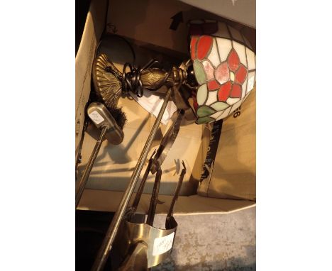 Brass companion set and a Tiffany style lamp. Not available for in-house P&amp;P, contact Paul O'Hea at Mailboxes on 01925 65