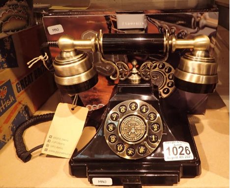GPO Duke, push button telephone with a black &amp; brass finish and cloth, handset curly cord, compatible with standard analo