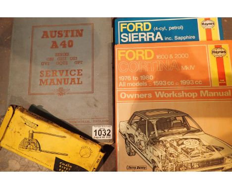 Two Haynes car repair manuals, Sierra and Cortina, a vintage Austin A40 manual and a motorcycle chain link riveter. P&amp;P G