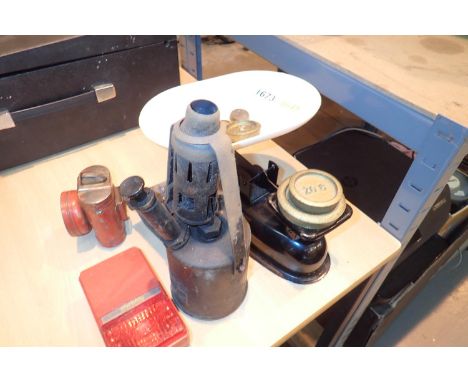 Set of kitchen scales, vintage bike lamp and vintage blowlamp etc. Not available for in-house P&amp;P, contact Paul O'Hea at 