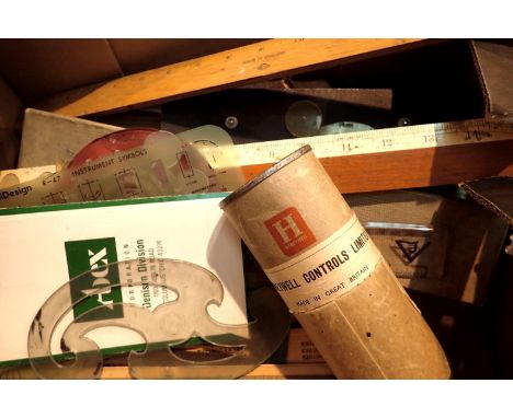 Box of vintage slide rules, rulers etc. Not available for in-house P&amp;P, contact Paul O'Hea at Mailboxes on 01925 659133 