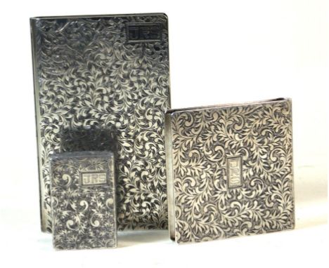 Three pieces of 950 grade silver, possibly Persian
To include rectangular cigarette case, length 13cm, compact of square form