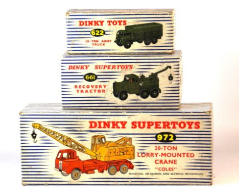 Three boxed Dinky diecast toys in blue and white striped boxes
Comprising Dinky Supertoys 20 tonne lorry/mounted crane 'Coles