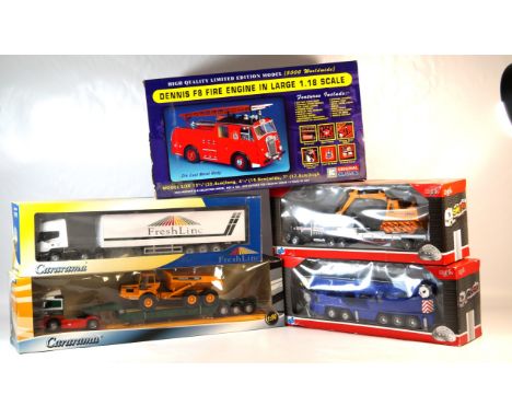 Five large scale boxed diecast vehicles
Comprising original classics, Dennis F8 fire engine, Maisto Super Transporter with di