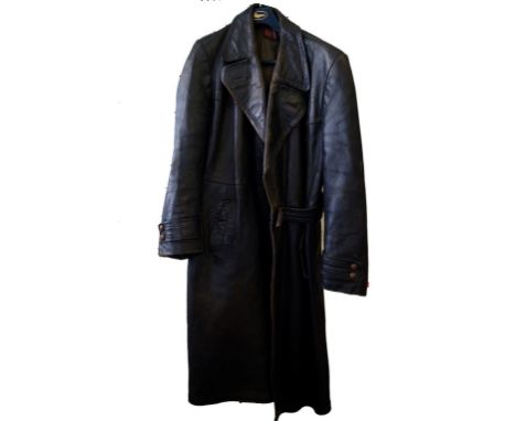 A dark blue German leather overcoat by Hafa Leder Kleidung, mid 20th Century
The full length coat of the type used by German 