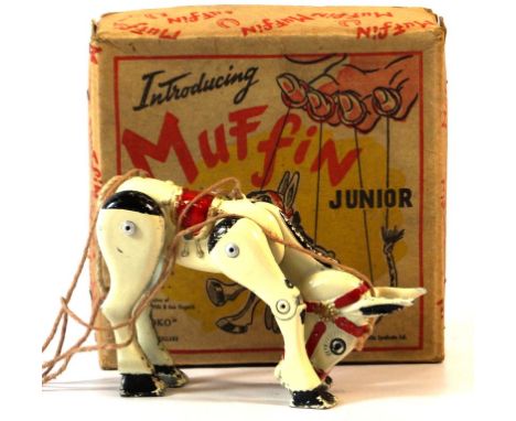 A boxed 'Moko' Muffin the Mule Junior puppet
The metal puppet with strings and finger rings, in original box.