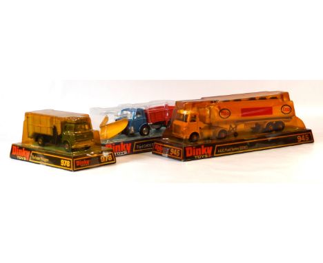 Three bubble pack boxed Dinky diecast toys
Comprising no. 439 Ford D800 snow plough and tipper truck - blue cab, silver chass