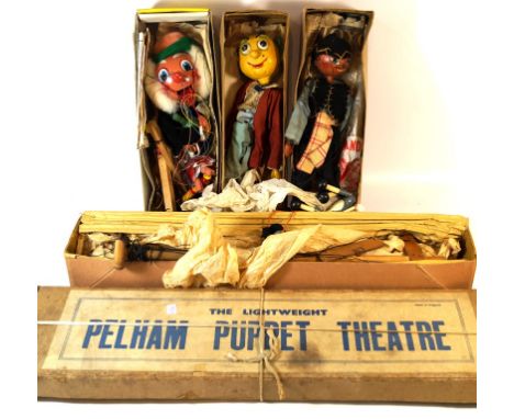 Five Pelham puppet items
Comprising the lightweight Pelham Puppet Theatre in brown box, skeleton, type SL Mr Turnip and Mexic