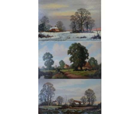 Vincent Selby (1919-2004)- 'Winter Landscape with Cottage' 'Landcape with Cottage and Barn' and 'Meadow with Thatched Timbere