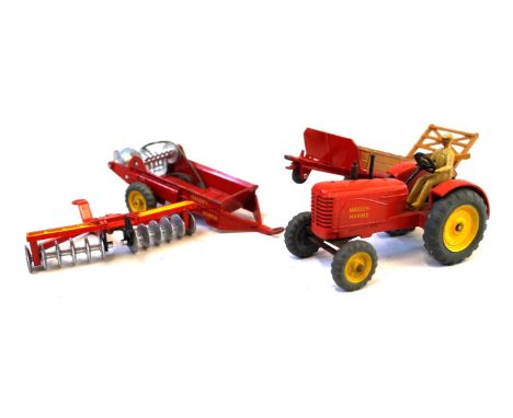 Four unboxed Dinky agricultural diecast items
Comprising Massey Harris tractor with yellow hubs and light tan driver, Massey 