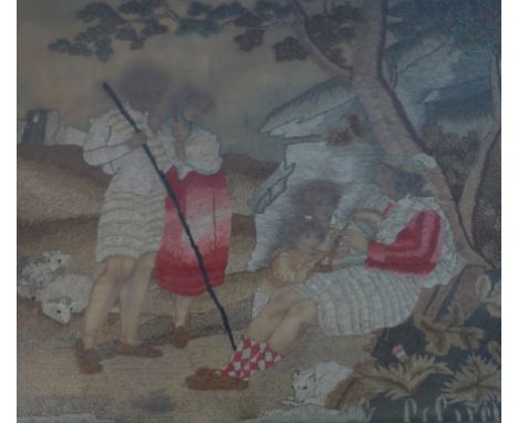 A Georgian silk work tapestry panel
Depicting a male seated playing a flute to children and parents in naturalistic landscape