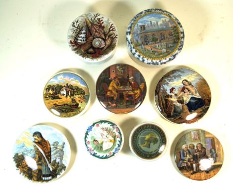 A collection of nine FR Pratt ware pot lids
Comprising 'Chapel Royal Savoy Destroyed by Fire July 7 1864' with gold flack mot