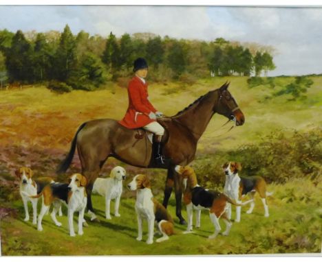 F.M Hollams Hunting Scene - Female Rider on a Brown Horse with six Blood Hounds', Oil-on-Canvas signed and dated '36,  87cm x