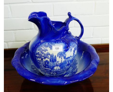 A Staffordshire Ironstone 'Romantic' pattern blue and white basin and ewer, (2)