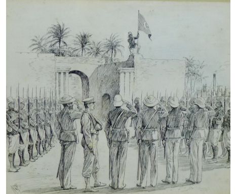 In Dongola at last' Captain Colville with a landing party planting the Khedive's flag on the old Mudirieh, framed print, in a