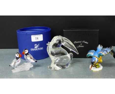 A Swarovski crystal puffin figure group, an enamelled bird trinket box and a glass rabbit figure, (3) 