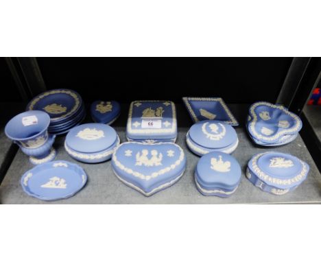 A collection of Wedgwood blue and white Jasperware to include trinket dishes, boxes and covers, miniature vase etc., (19)