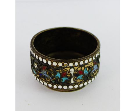 Russian silver and champleve enamel circular salt with floral border and plain footrim, stamped 84 and maker marks AB, 3.5cm 